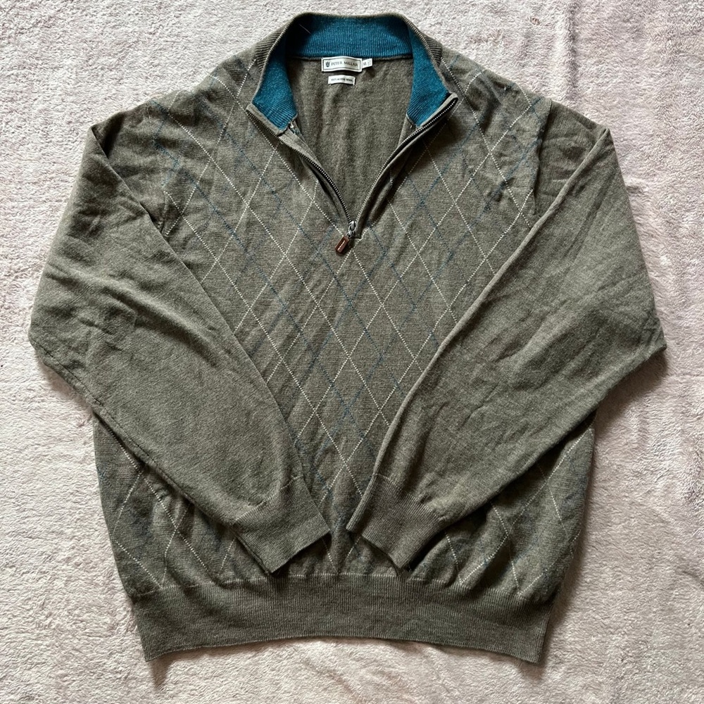 PETER MILLAR Mens Argyle 100% MERINO WOOL 1/4 ZIP SWEATER SIZE XL